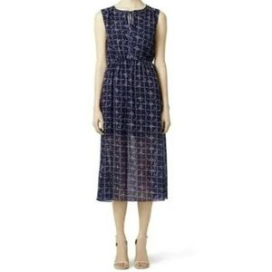Erin Fetherston Molly Navy Blue Floral Windowpane Checker Midi Dress Front Tie